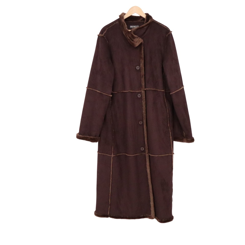Bromley Sport Coat Womens L Faux Shearling Suede Long Brown Winter Excellent